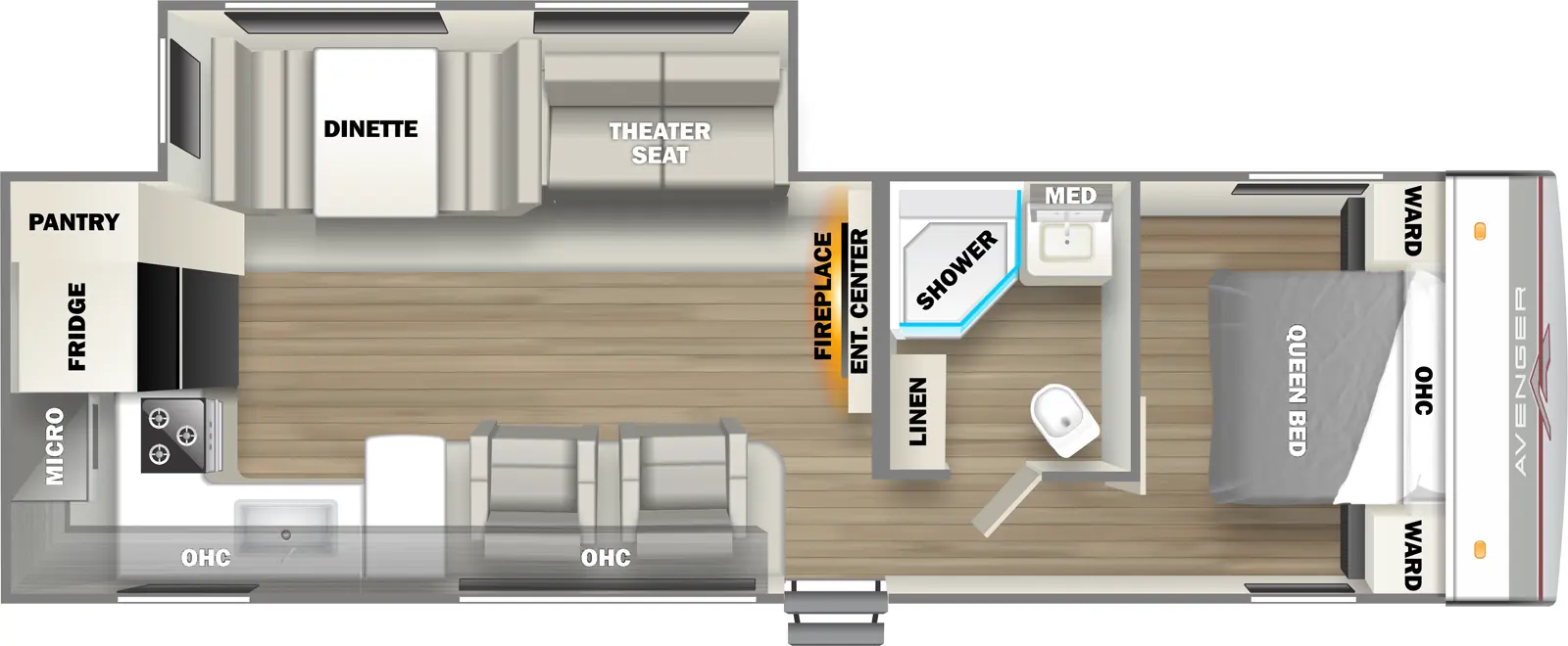 The 27RKS has one slideout and one entry. Interior layout front to back: foot facing queen bed with overhead cabinet and wardrobes on each side; off-door side full bathroom with linen closet and medicine cabinet; entertainment center with fireplace below along inner wall; off-door side slideout with theater seat and dinette; door side entry, chair, and overhead cabinet that goes all the way to the rear kitchen with countertop with sink that wraps to rear wall with microwave, cooktop, refrigerator and pantry.